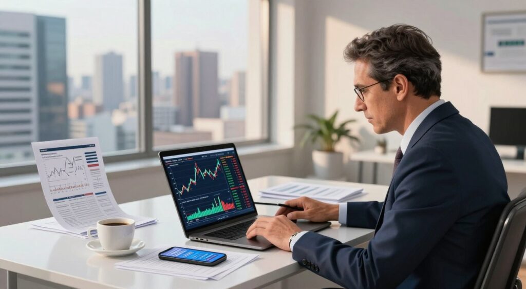 Um investidor brasileiro analisa gráficos do mercado de ações e notícias financeiras em uma mesa moderna e elegante. Em primeiro plano, um homem de meia-idade, trajando roupas formais de negócios, observa atentamente a tela de um laptop que exibe gráficos e dados de mercado em constante movimento. Ao fundo, diversos documentos financeiros, uma xícara de café e um smartphone com notificações criam uma atmosfera movimentada e concentrada. Ao fundo, uma janela com vista para o horizonte da cidade sugere o agitado distrito financeiro do lado de fora, banhado pela suave luz da tarde que projeta sombras delicadas. O clima geral é de determinação e cautela, refletindo as complexidades e os riscos enfrentados pelos investidores brasileiros atualmente. A imagem deve ser clara e bem composta, transmitindo a seriedade das decisões de investimento sem distrações.
