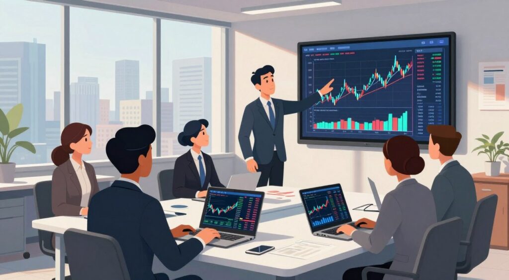 Em primeiro plano, retrata-se um ambiente de escritório sofisticado, mostrando um grupo diversificado de profissionais em trajes formais envolvidos em uma reunião estratégica de investimentos. Um deles aponta para um gráfico financeiro digital em uma tela grande, ilustrando as tendências do mercado com cores vibrantes. Ao fundo, mesas elegantes com laptops exibem análises do mercado de ações. Grandes janelas com vista para uma paisagem urbana movimentada simbolizam o ritmo acelerado do mundo financeiro. Uma luz natural suave inunda o espaço, criando uma atmosfera séria, porém otimista, com sombras que acentuam as figuras e os gráficos. A composição transmite uma sensação de urgência e foco, refletindo o tema das estratégias de investimento em tempos instáveis.